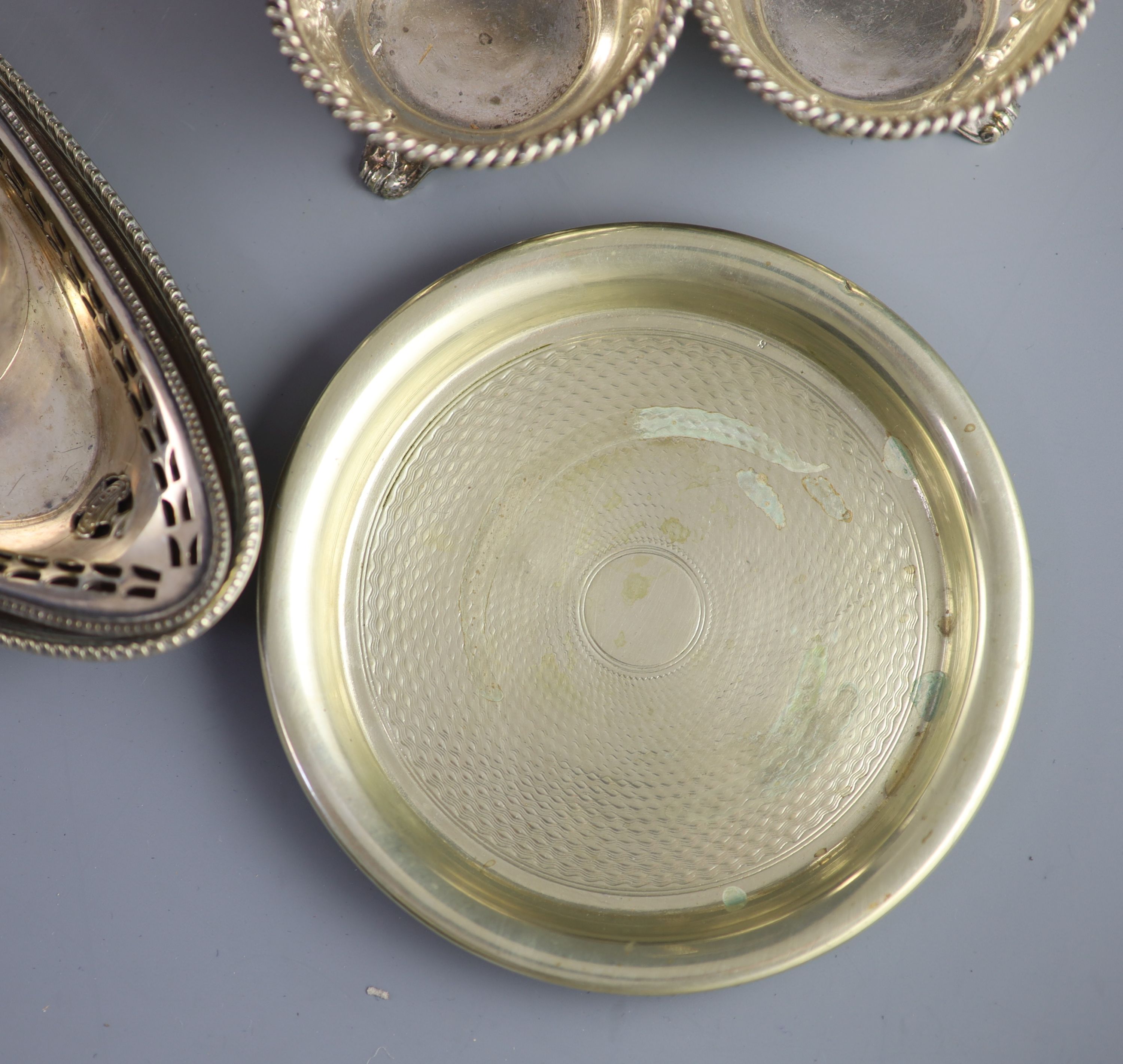 A silver plated egg cruet, a butter dish, a table salt and sundry other plated wares